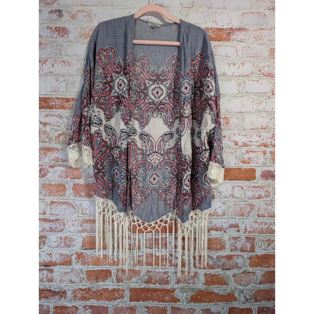 Jodifl Paisley Kimono Women Small Blue Red Boho Fringe Lace Wrap J1892